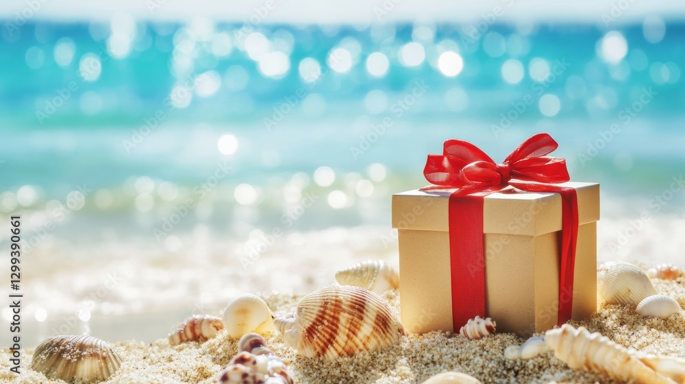 Fototapeta premium Serene Beach Gift Box with Vibrant Ribbon Under Sunlight Idyllic Vacation Surprise at Seaside Bright Red Bow on Beige Box with Seashells