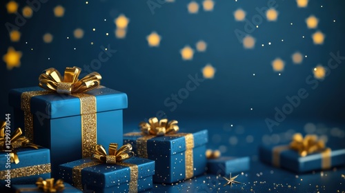 Navy blue gifts with gold accents.