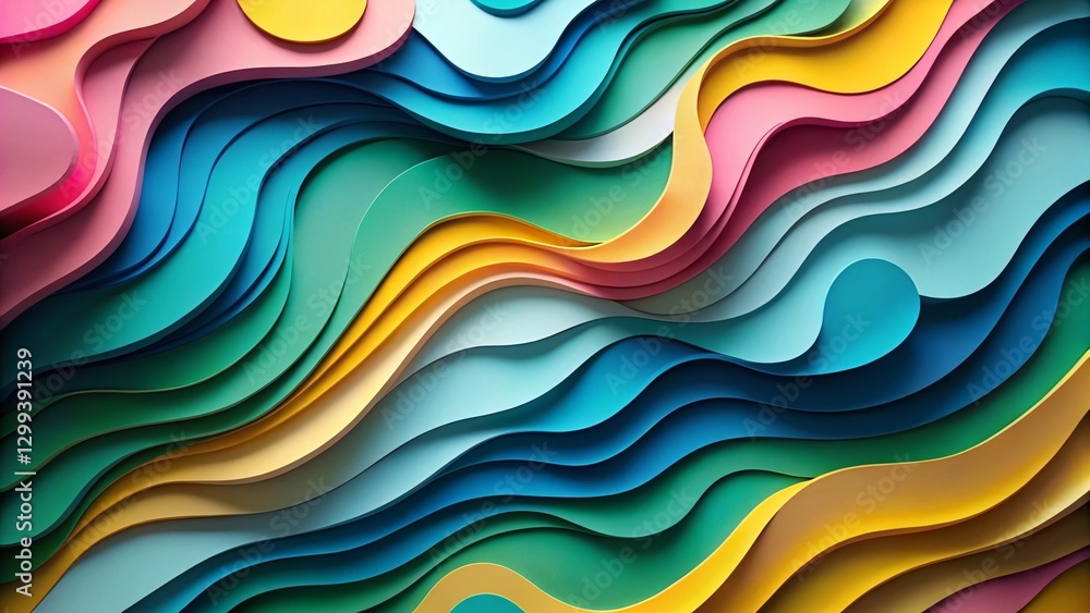 Fototapeta premium Abstract Paper Cut Background: Blue, Green, Pink, Yellow Flyer Template
