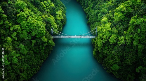   Aerial view of suspension bridge spanning green forested river