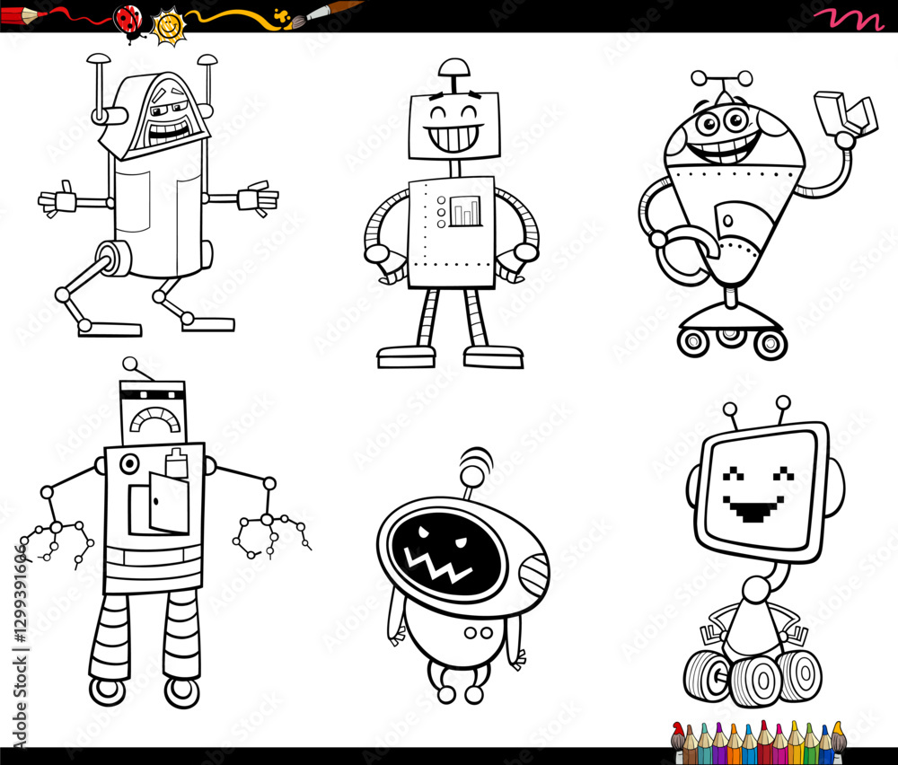cartoon robots and droids characters set coloring page