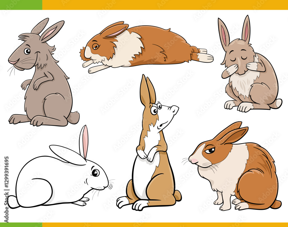 funny cartoon miniature rabbits animal characters set