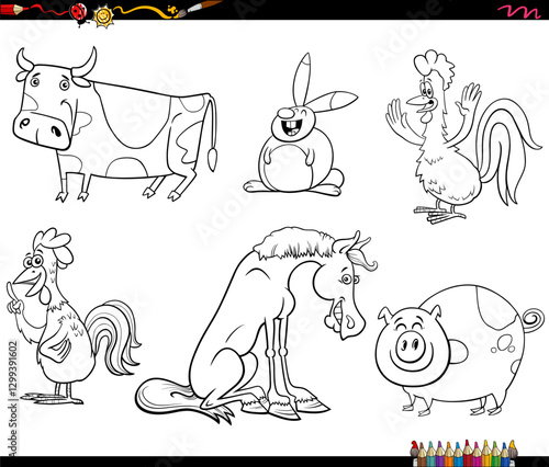 happy cartoon farm animals characters set coloring page