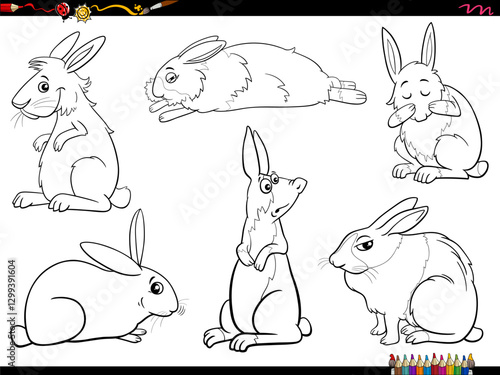 cartoon miniature rabbits animal characters set coloring page