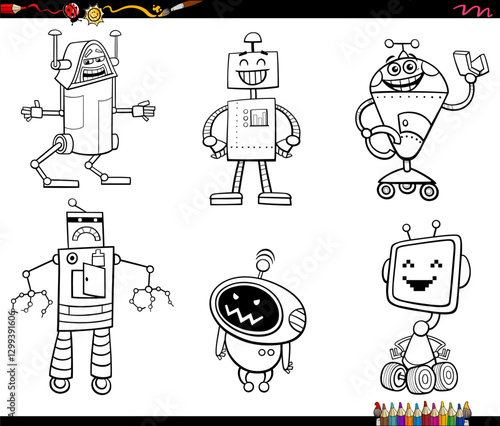 Obraz na płótnie cartoon robots and droids characters set coloring page w salonie