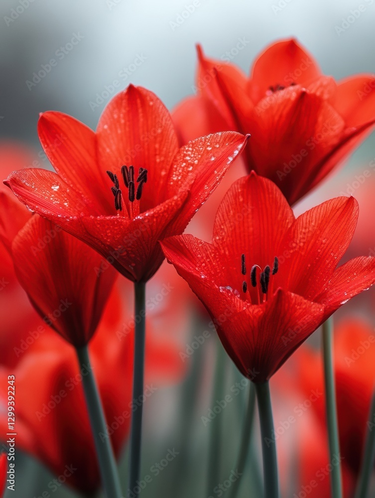 Vibrant red tulips blooming in a serene garden during springtime with a soft focus on delicate petals Vibrant red tulips blooming in a serene garden during springtime with a soft focus on delicate petals