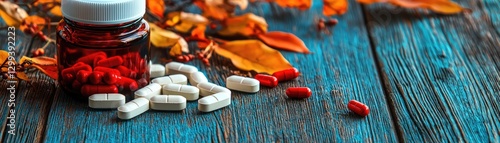 Autumnal pills on wood; seasonal health