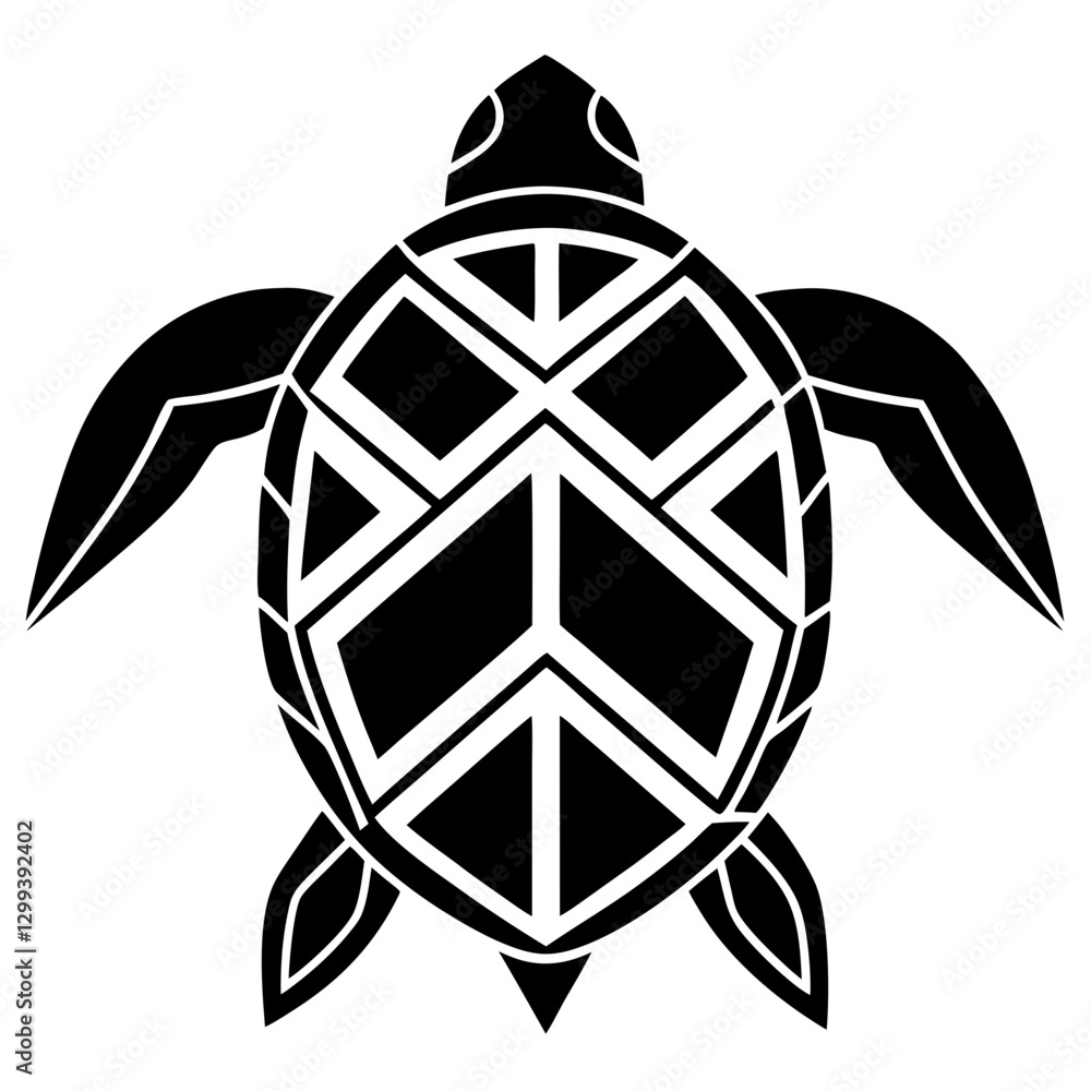 Obraz premium a black turtle illustration with unique geometric patterns on its shell and flippers. Its form is symmetrical, conveying a sense of balance and elegance vector illustration