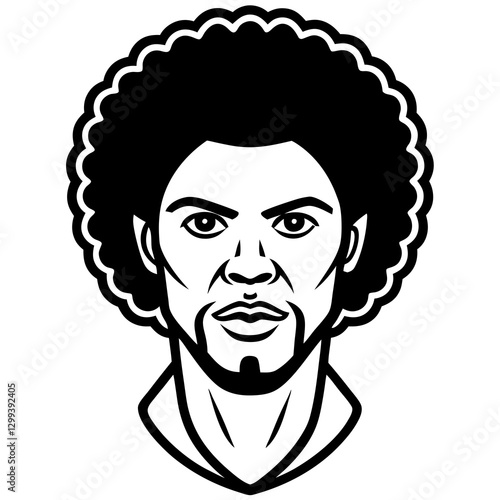a black and white illustration of a man with afro hair, a beard and a strong gaze. It is a portrait vector illustration