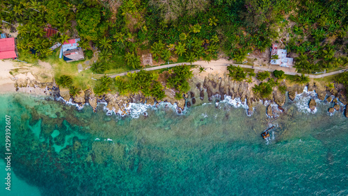 Aerial View of the Beautiful Beach and Lush Landscape in Sapzurro, Chocó, Colombia