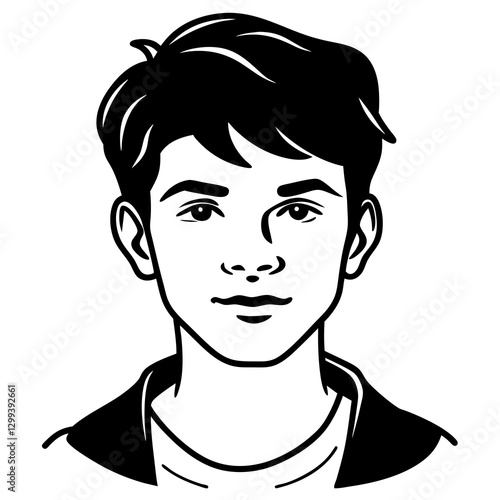 a black and white illustration portrait of a young man looking at the camera with a slightly smiling face. His hair is neatly styled, and he has a calm and approachable expression vector illustration