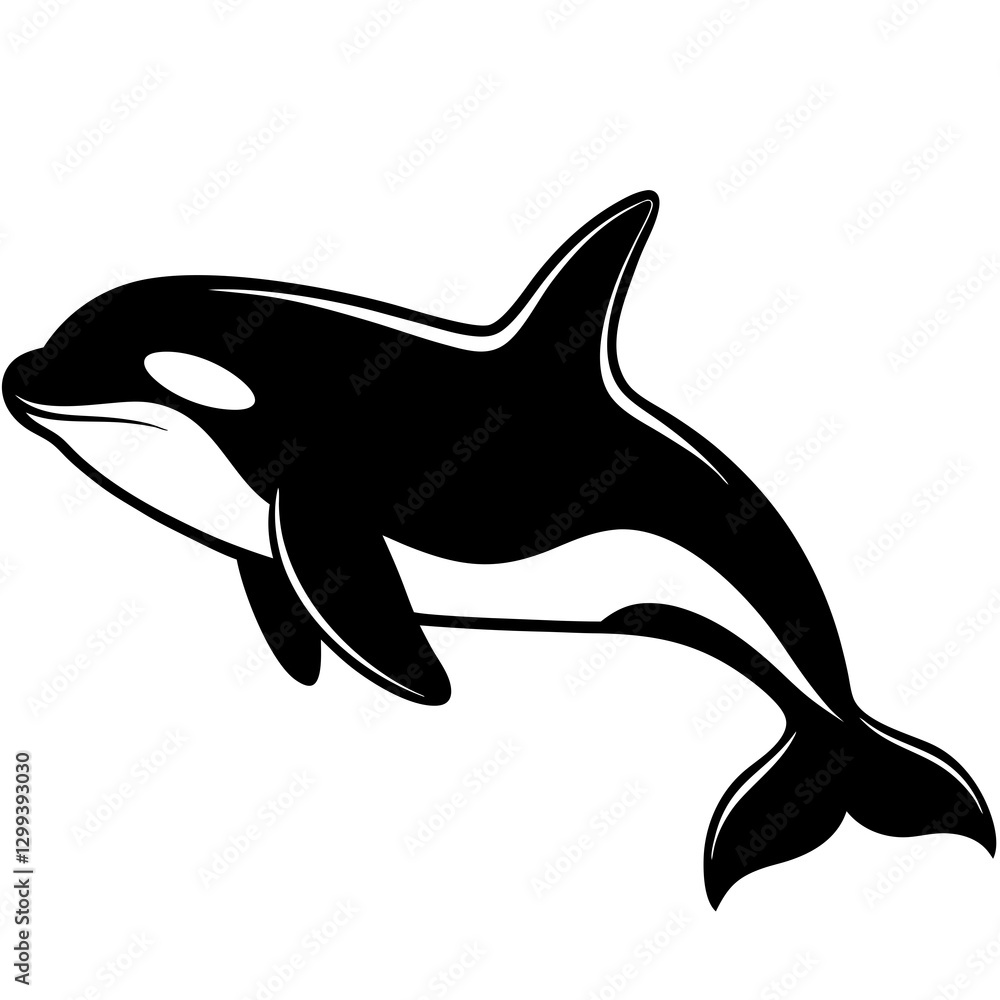Fototapeta premium an artistic illustration of a killer whale swimming with sleek black and white body, set against a backdrop vector illustration