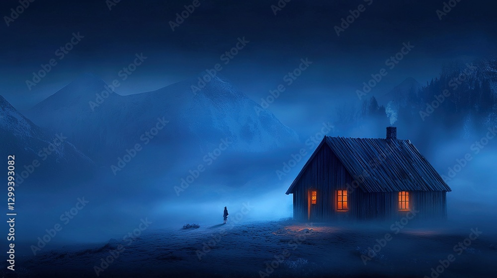 A man stands before a cabin amidst a foggy mountain range The scene is tranquil and serene, with towering mountains looming behind him A man stands before a cabin amidst a foggy mountain range The scene is tranquil and serene, with towering mountains looming behind him