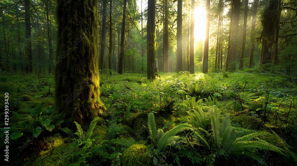 Obraz premium A tranquil forest scene with lush green moss and dappled sunlight