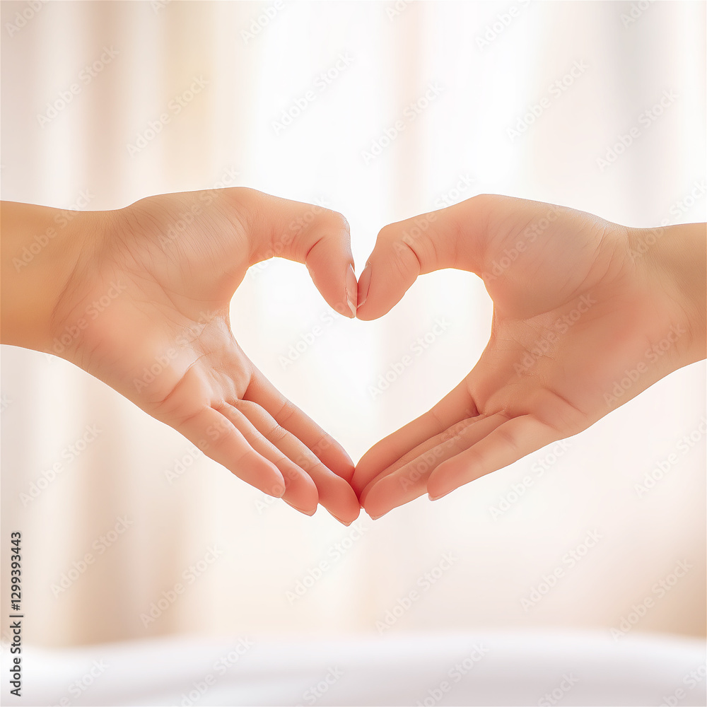 Obraz premium Close-up of hands forming a heart shape with fingers. The image symbolizes love, affection, and positive emotions, perfect for concepts of romance and connection.