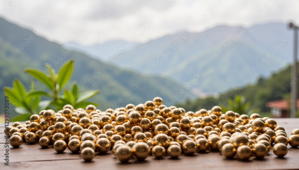 Obraz premium Shiny metallic beads resting on balcony with mountain view, elegance