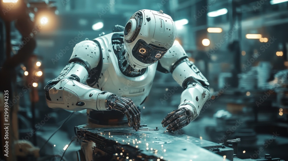 Futuristic robot working in industrial setting with sparks and advanced technology Futuristic robot working in industrial setting with sparks and advanced technology
