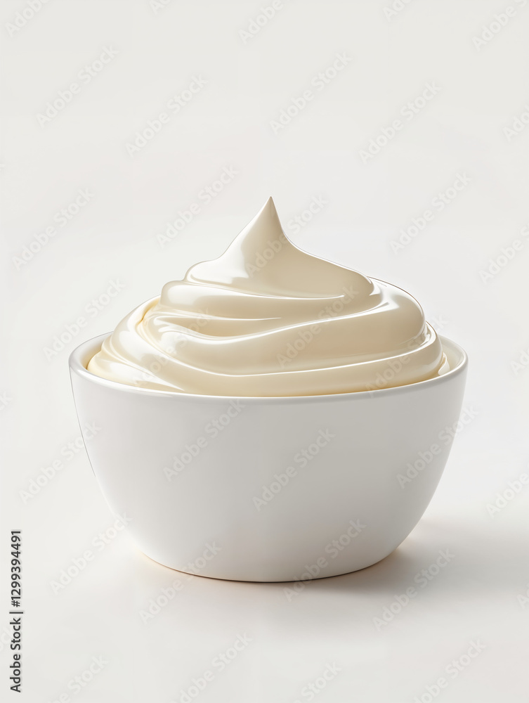 Creamy whipped topping served in a small white bowl for dessert decoration Creamy whipped topping served in a small white bowl for dessert decoration