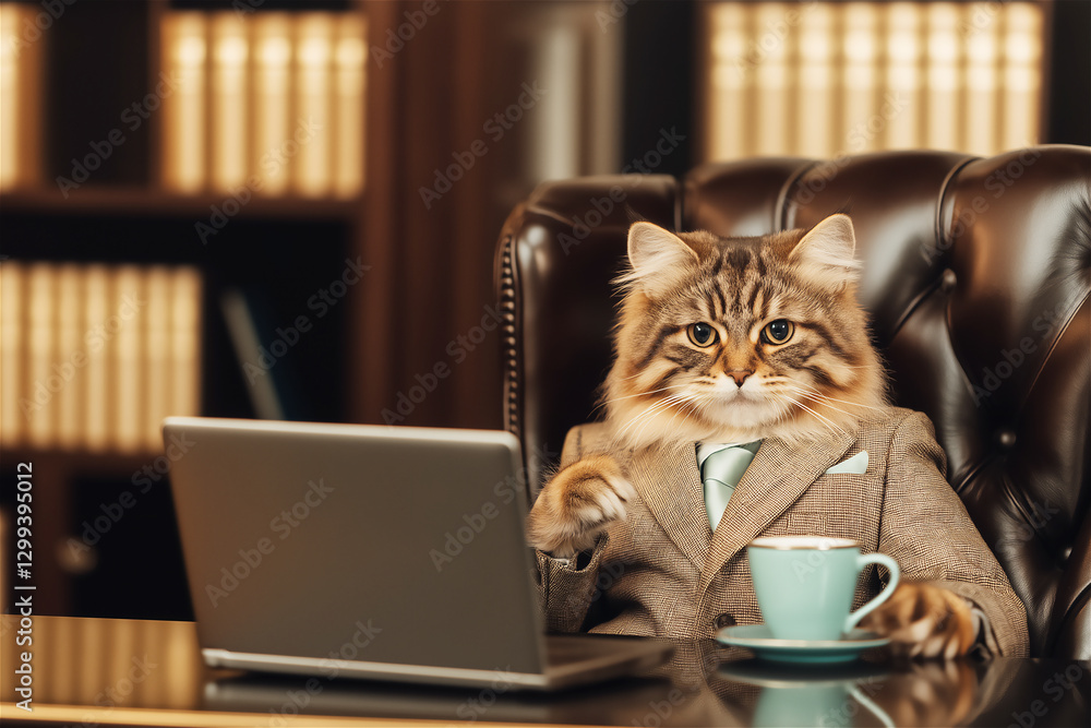 A fluffy cat, sitting at a desk in a cozy office with bookshelves, working on a laptop and looking focused, showcasing a humorous and creative take on pets working in human jobs. A fluffy cat, sitting at a desk in a cozy office with bookshelves, working on a laptop and looking focused, showcasing a humorous and creative take on pets working in human jobs.
