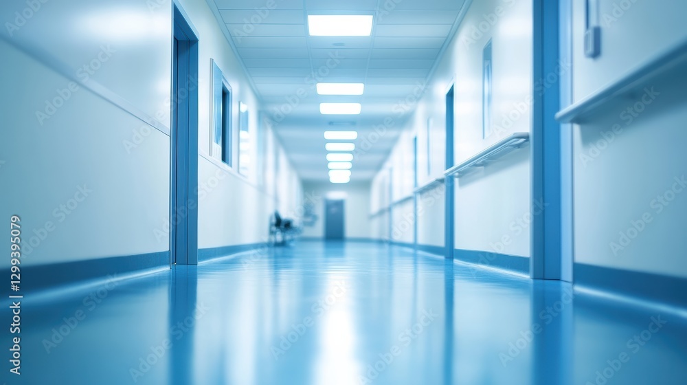Empty hospital hallway. Sterile, blue. Empty hospital hallway. Sterile, blue.