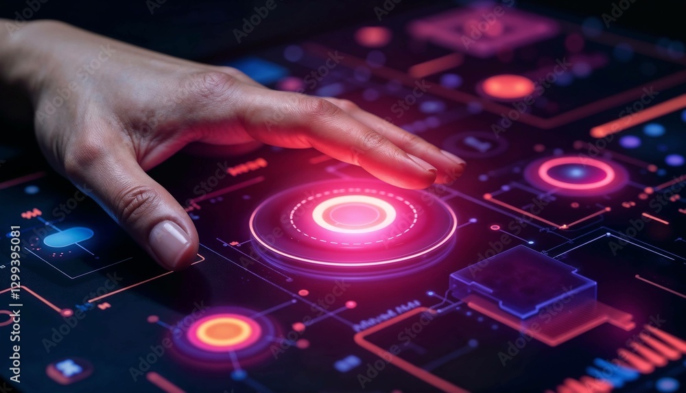 Obraz premium Hand touching the backlit interactive interface