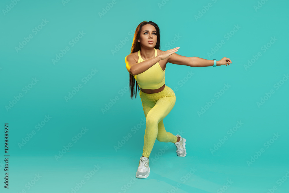 Fit young brunette woman doing functional exercises over blue background. Power and motivation concept. Fit young brunette woman doing functional exercises over blue background. Power and motivation concept.