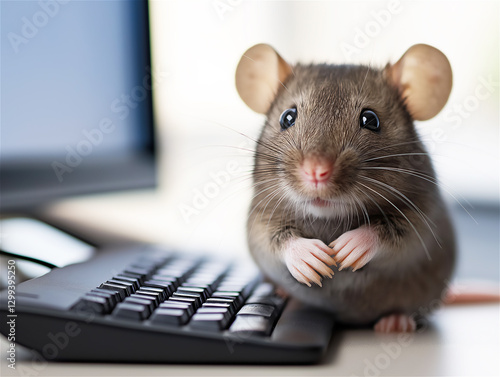 A close-up of a mouse looking at a computer keyboard. The image represents a cute and humorous take on the tech world, with a tiny animal seemingly involved in the work process. photo