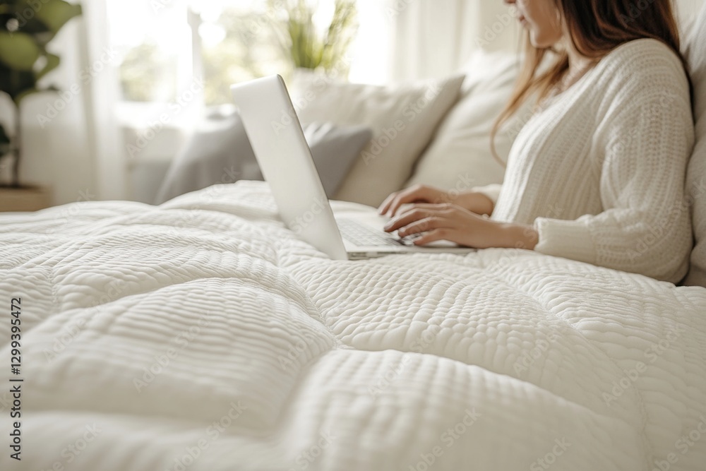 Fototapeta premium Woman Working on Laptop in Cozy White Bed