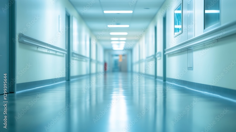 Obraz premium Long hospital corridor with pale blue walls