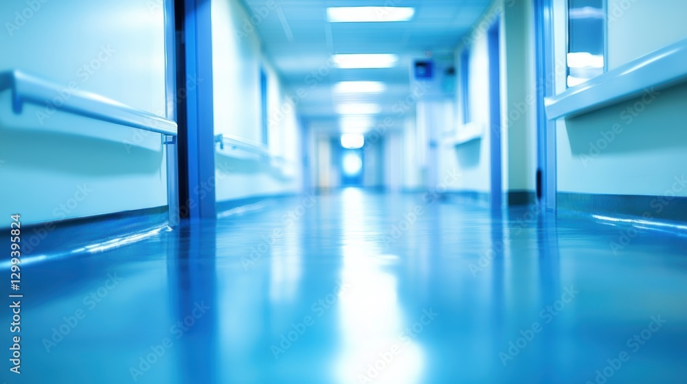 Obraz premium Empty hospital hallway with bright blue floor.