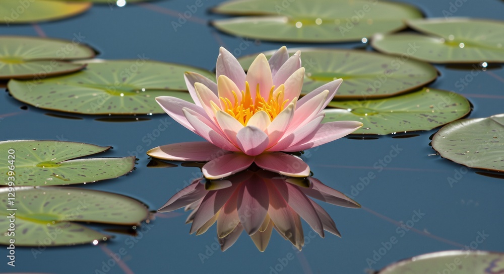 Lotus flower reflected in calm water surrounded by green lily pads, evoking tranquility and beauty in a serene aquatic landscape Lotus flower reflected in calm water surrounded by green lily pads, evoking tranquility and beauty in a serene aquatic landscape