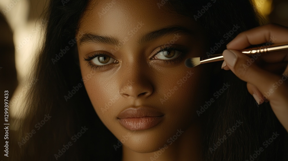 Obraz premium Model Getting Eye Makeup Done By Makeup Artist In Studio. Beauty shot for blog