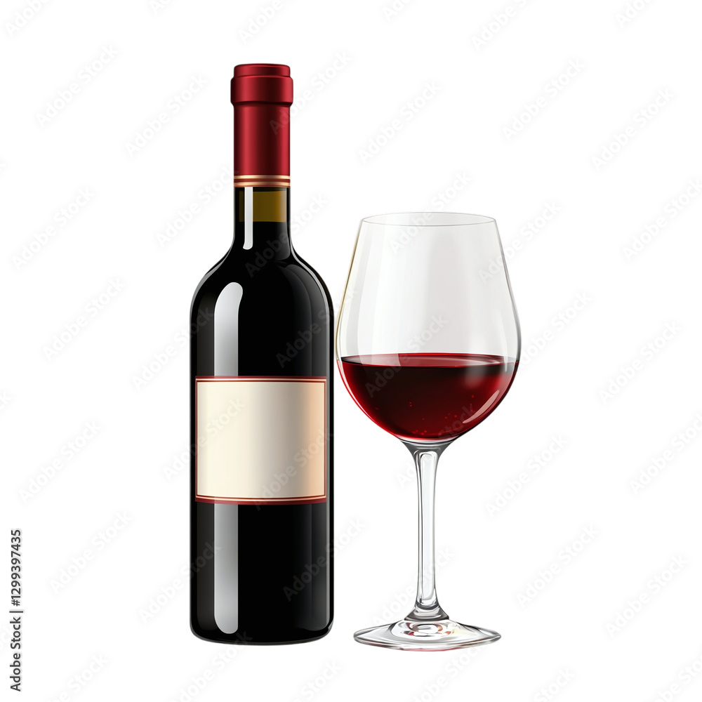 Bottle of red wine with glass poured isolated on white transparent background Bottle of red wine with glass poured isolated on white transparent background