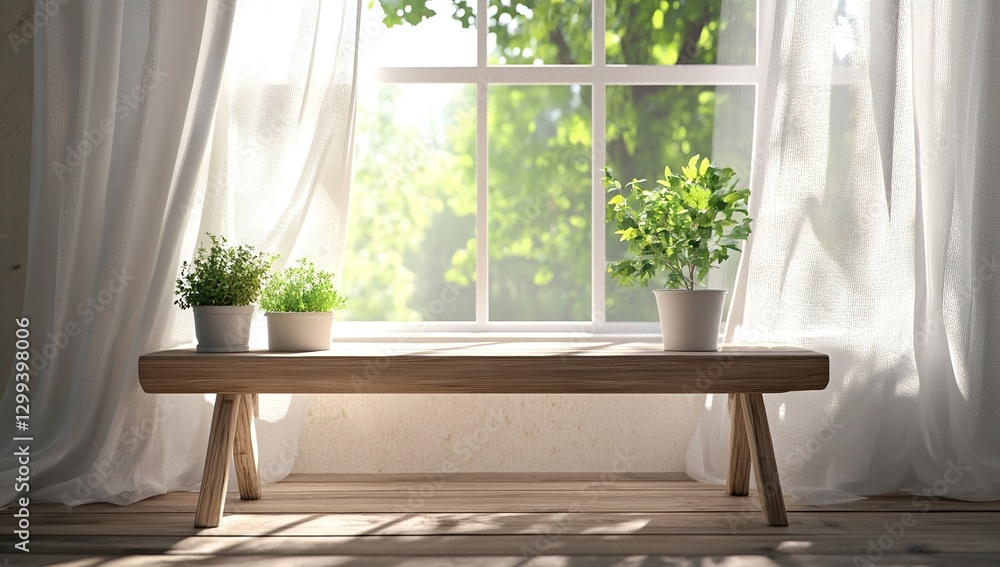 Fototapeta premium Rustic Wooden Bench with Potted Plants by Sunny Window