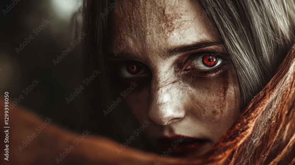 Fototapeta premium A close-up image of a hauntingly beautiful figure with eerie features and glowing red eyes, capturing the essence of dark fantasy and the complexity of human emotions.