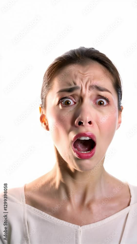 Woman showing shocked expression in slow motion on white background Woman showing shocked expression in slow motion on white background