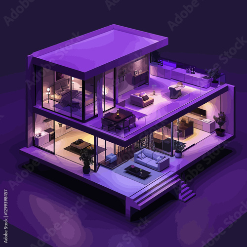 3D plan of the house on the dark purple background