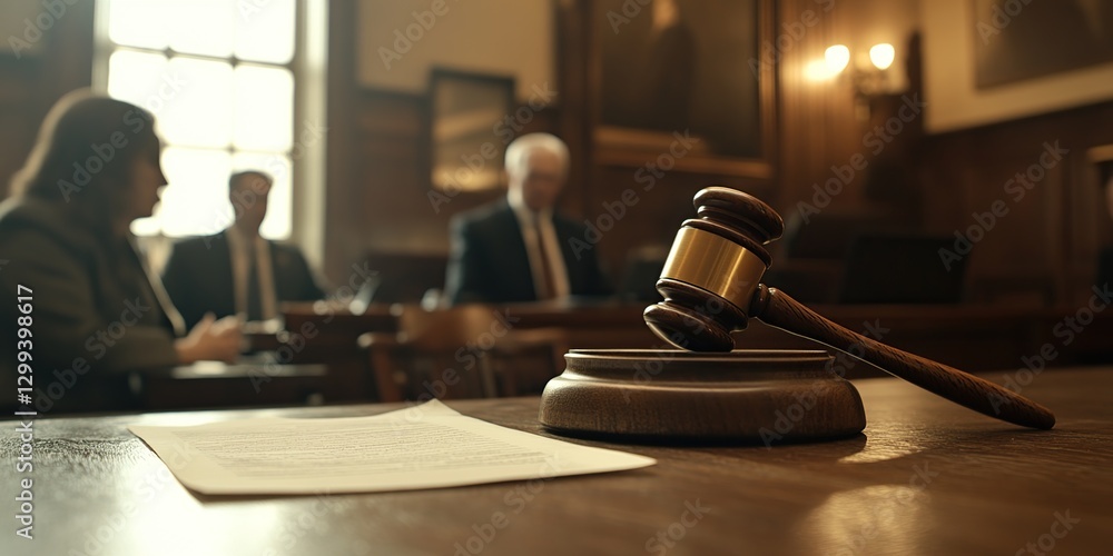 Wooden Gavel on a Courtroom Desk with Blurred Lawyers in the Background Wooden Gavel on a Courtroom Desk with Blurred Lawyers in the Background