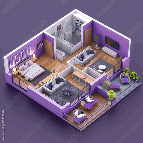 3D plan of the house on the dark purple background