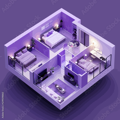 3D plan of the house on the dark purple background