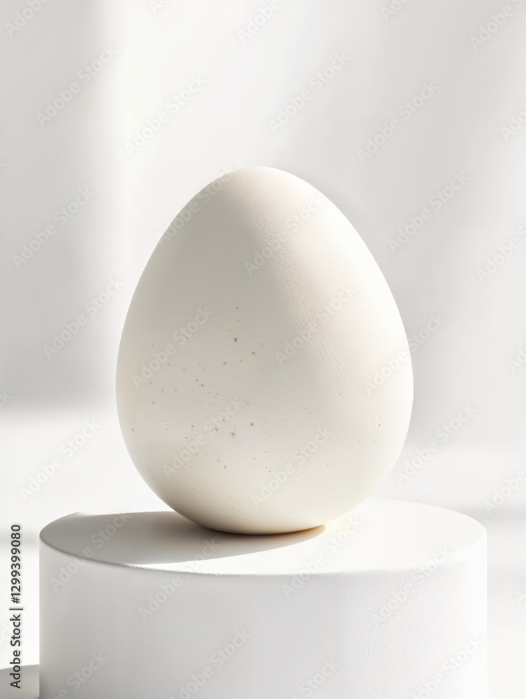 Minimalist white egg displayed on a clean, circular pedestal in soft natural light