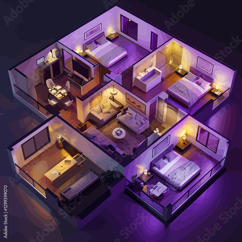 3D plan of the house on the dark purple background