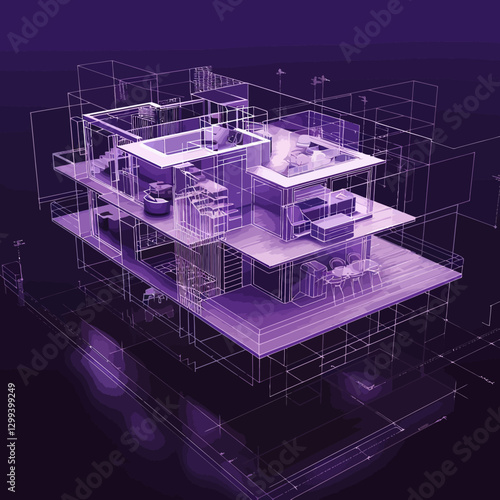 3D plan of the house on the dark purple background
