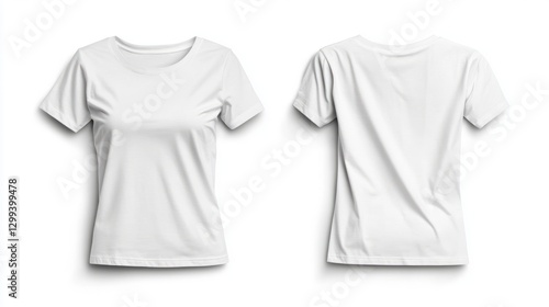 Front and back view of a white short-sleeved shirt on a white background for mockup purposes. 
