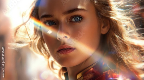 A dramatic portrait of a young heroine, illuminated with soft light, capturing strength and determination, evoking the spirit of inspiration and empowerment.