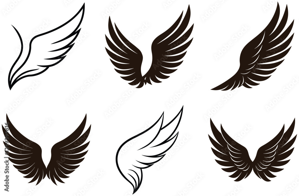 Obraz premium Different Illustrations of Wings in Various Styles and Orientations