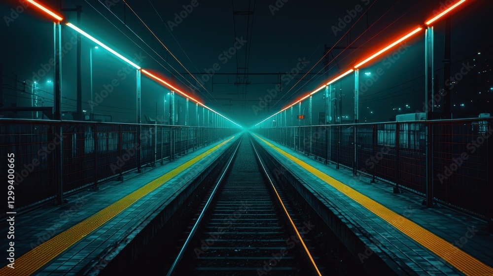 Night view of empty illuminated railway tracks in city for transport and travel Night view of empty illuminated railway tracks in city for transport and travel