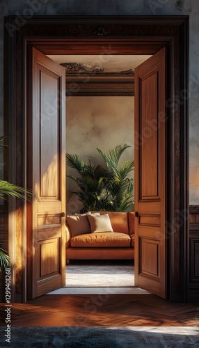 An open doorway reveals an interior space and cozy furnishings