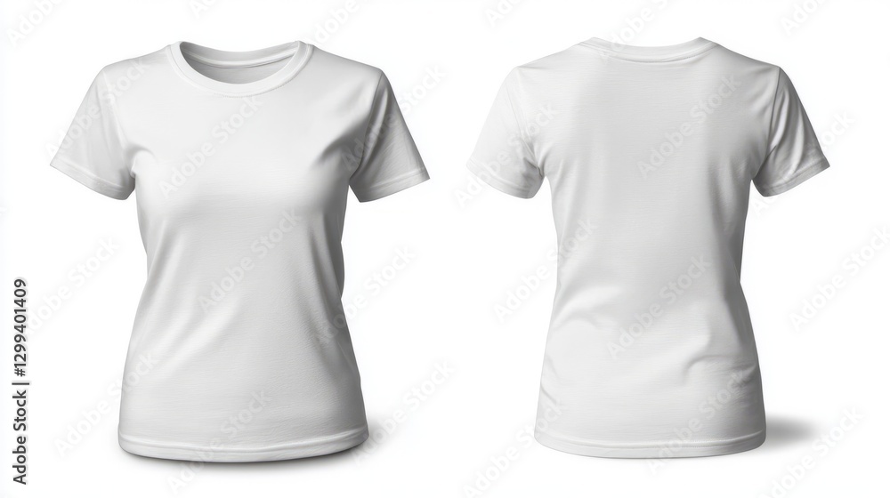 For a mockup of two white short-sleeve t-shirts placed side by side with a white background. For a mockup of two white short-sleeve t-shirts placed side by side with a white background.
