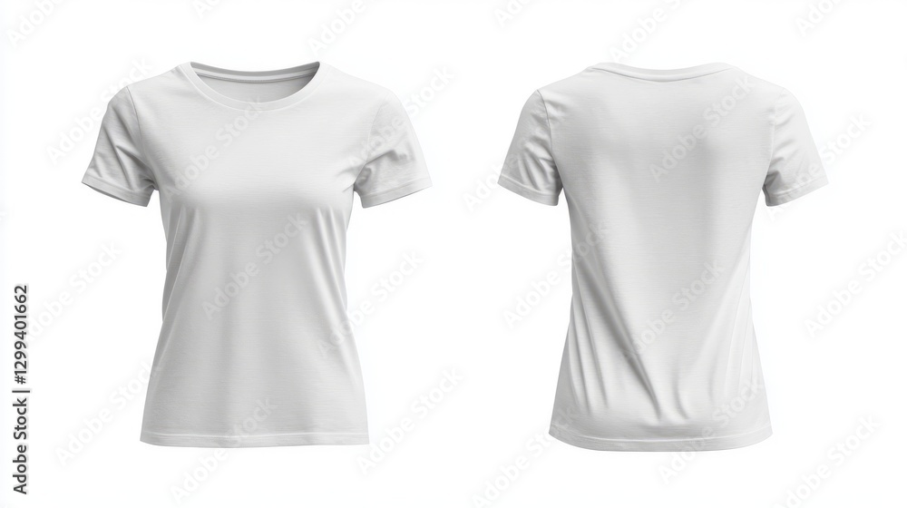 For a mockup of two white short-sleeve t-shirts placed side by side with a white background. For a mockup of two white short-sleeve t-shirts placed side by side with a white background.